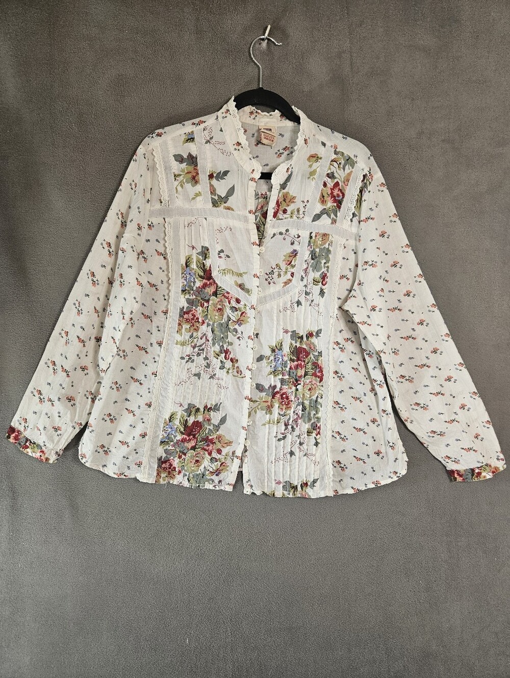 Faded Glory Plus 18/20W Peasant Shirt Floral Cottagecore Pleats Crochet Buttons